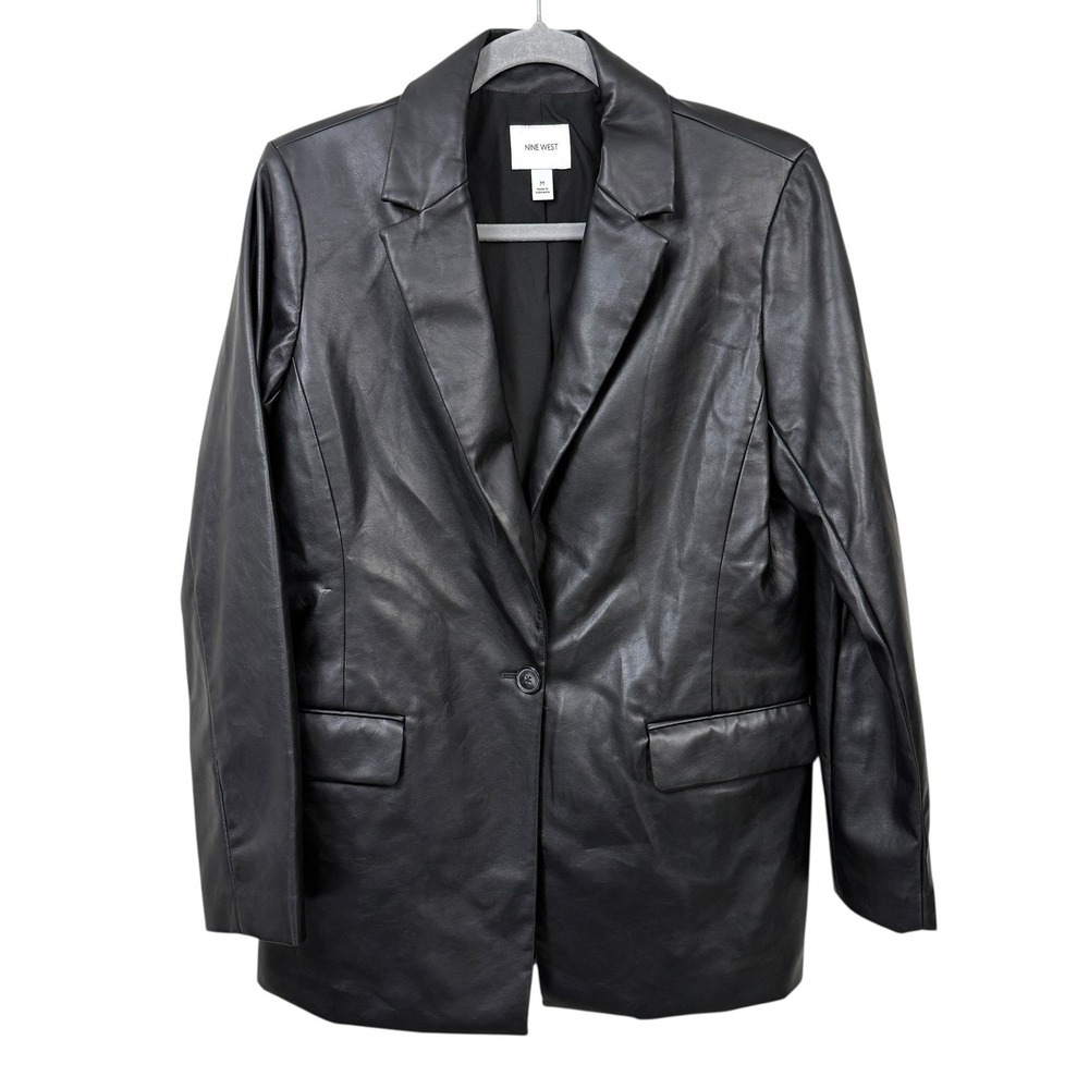 Nine West Women's Black Faux Leather Blazer Jacket Size M Mid-Length Button